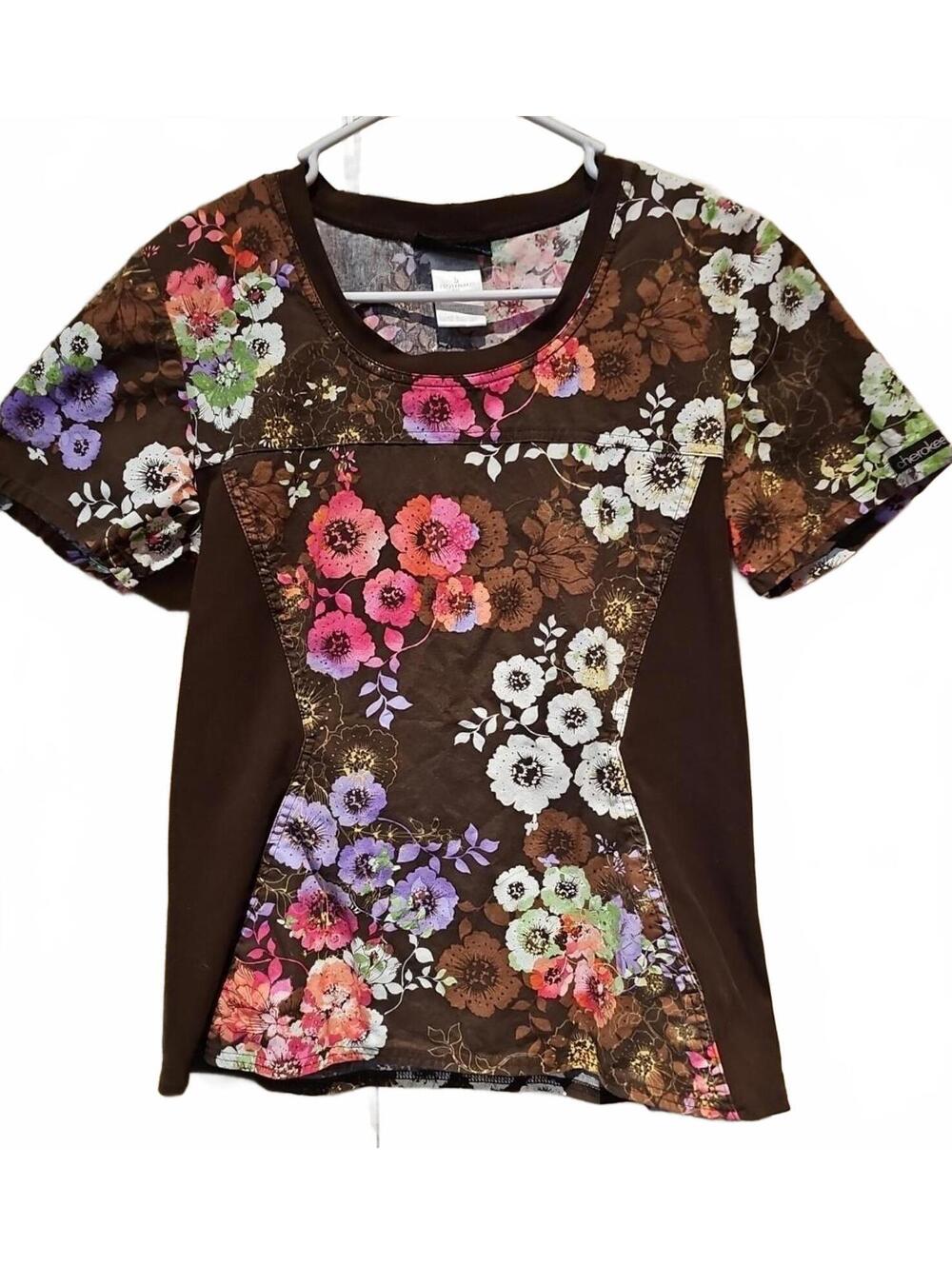 Cherokee Scrub Top Size Small White Brown Wildflower Mix Crew Neck